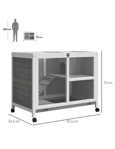PawHut Wooden Rabbit Hutch Indoor with Wheels, Openable Roof, 91.5 x 53.3 x 73 cm, Grey
