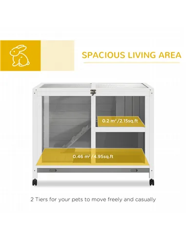 PawHut Wooden Rabbit Hutch Indoor with Wheels, Openable Roof, 91.5 x 53.3 x 73 cm, Grey