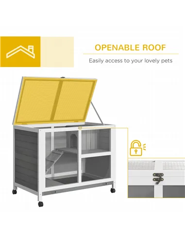 PawHut Wooden Rabbit Hutch Indoor with Wheels, Openable Roof, 91.5 x 53.3 x 73 cm, Grey