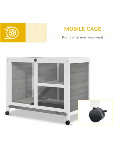 PawHut Wooden Rabbit Hutch Indoor with Wheels, Openable Roof, 91.5 x 53.3 x 73 cm, Grey
