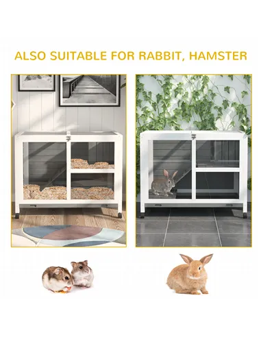 PawHut Wooden Rabbit Hutch Indoor with Wheels, Openable Roof, 91.5 x 53.3 x 73 cm, Grey