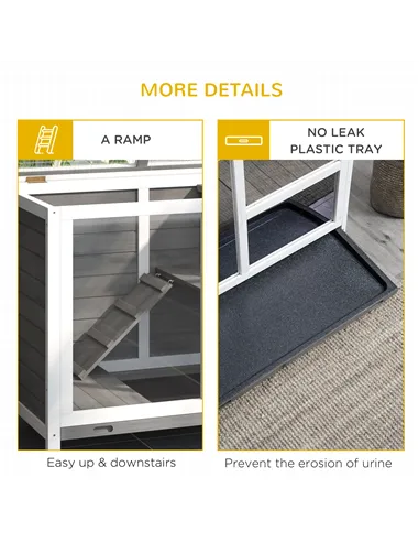 PawHut Wooden Rabbit Hutch Indoor with Wheels, Openable Roof, 91.5 x 53.3 x 73 cm, Grey