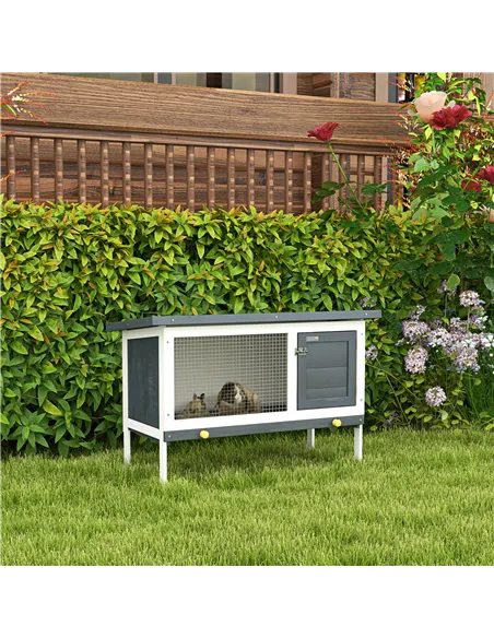 PawHut Wooden Rabbit Hutch Guinea Pig Hutch Bunny Cage Small Animal Habitat Openable Asphalt Roof for Outdoor Use 90 x 45 x 65 c