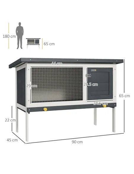 PawHut Wooden Rabbit Hutch Guinea Pig Hutch Bunny Cage Small Animal Habitat Openable Asphalt Roof for Outdoor Use 90 x 45 x 65 c