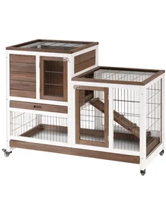 PawHut Two-Tier Rabbit Hutch Pet Cage, with Wheels - Brown