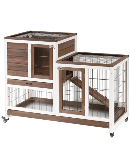 PawHut Two-Tier Rabbit Hutch Pet Cage, with Wheels - Brown