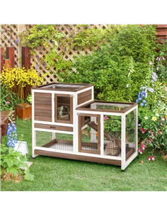 PawHut Two-Tier Rabbit Hutch Pet Cage, with Wheels - Brown 2