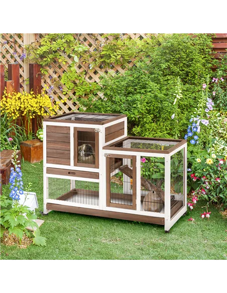 PawHut Two-Tier Rabbit Hutch Pet Cage, with Wheels - Brown