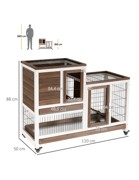 PawHut Two-Tier Rabbit Hutch Pet Cage, with Wheels - Brown