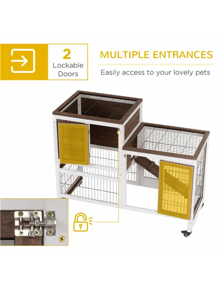 PawHut Two-Tier Rabbit Hutch Pet Cage, with Wheels - Brown