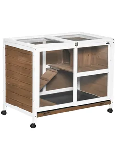 PawHut Wooden Rabbit Hutch, Bunny Cage w/ Tray, Ramp, Openable Roof, Wheels, 91.5 x 53.3 x 73cm - Brown