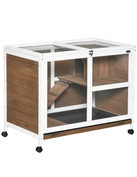 PawHut Wooden Rabbit Hutch, Bunny Cage w/ Tray, Ramp, Openable Roof, Wheels, 91.5 x 53.3 x 73cm - Brown