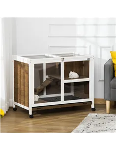 PawHut Wooden Rabbit Hutch, Bunny Cage w/ Tray, Ramp, Openable Roof, Wheels, 91.5 x 53.3 x 73cm - Brown 2