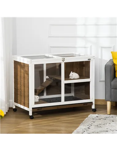 PawHut Wooden Rabbit Hutch, Bunny Cage w/ Tray, Ramp, Openable Roof, Wheels, 91.5 x 53.3 x 73cm - Brown