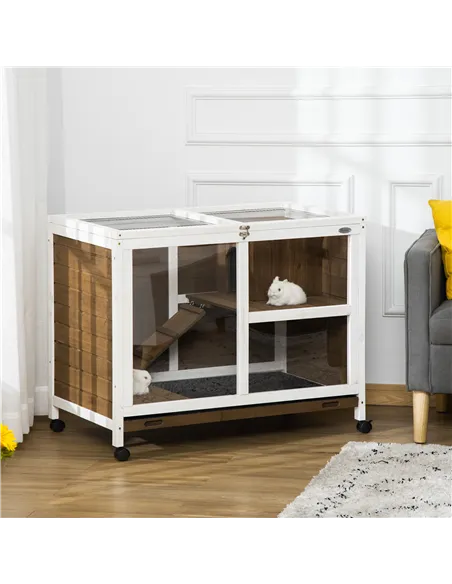 PawHut Wooden Rabbit Hutch, Bunny Cage w/ Tray, Ramp, Openable Roof, Wheels, 91.5 x 53.3 x 73cm - Brown