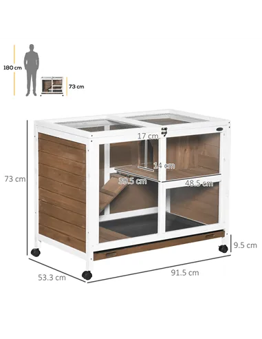 PawHut Wooden Rabbit Hutch, Bunny Cage w/ Tray, Ramp, Openable Roof, Wheels, 91.5 x 53.3 x 73cm - Brown