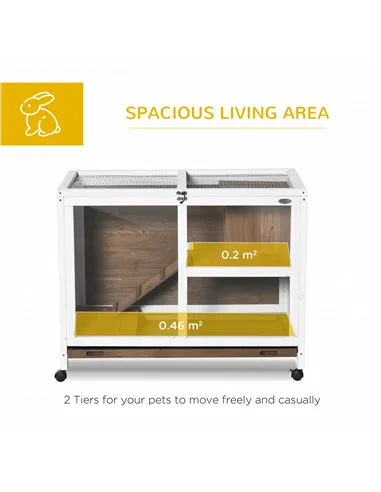 PawHut Wooden Rabbit Hutch, Bunny Cage w/ Tray, Ramp, Openable Roof, Wheels, 91.5 x 53.3 x 73cm - Brown