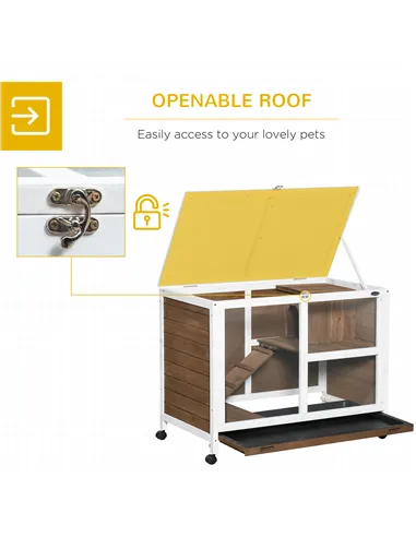 PawHut Wooden Rabbit Hutch, Bunny Cage w/ Tray, Ramp, Openable Roof, Wheels, 91.5 x 53.3 x 73cm - Brown