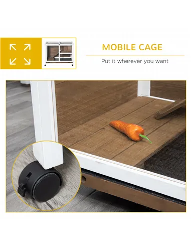 PawHut Wooden Rabbit Hutch, Bunny Cage w/ Tray, Ramp, Openable Roof, Wheels, 91.5 x 53.3 x 73cm - Brown