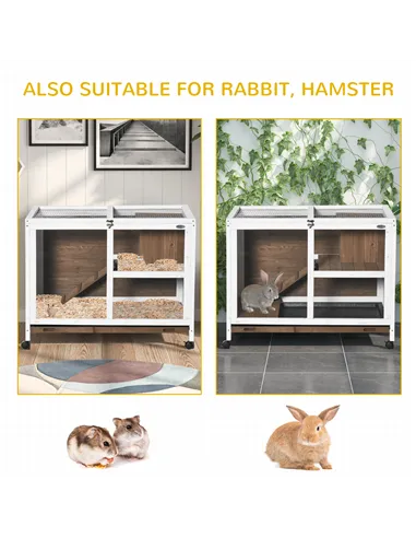 PawHut Wooden Rabbit Hutch, Bunny Cage w/ Tray, Ramp, Openable Roof, Wheels, 91.5 x 53.3 x 73cm - Brown