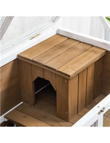 PawHut Wooden Rabbit Hutch, Bunny Cage w/ Tray, Ramp, Openable Roof, Wheels, 91.5 x 53.3 x 73cm - Brown