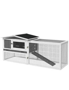 PawHut Rabbit Hutch with Run Wooden Guinea Pig Hutch Outdoor Bunny Cage Hide House with Sliding Tray, Hay Rack, Ramp, 156 x 58 x