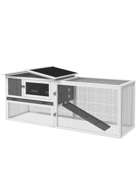 PawHut Rabbit Hutch with Run Wooden Guinea Pig Hutch Outdoor Bunny Cage Hide House with Sliding Tray, Hay Rack, Ramp, 156 x 58 x