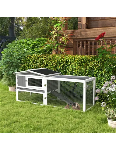 PawHut Rabbit Hutch with Run Wooden Guinea Pig Hutch Outdoor Bunny Cage Hide House with Sliding Tray, Hay Rack, Ramp, 156 x 58 x