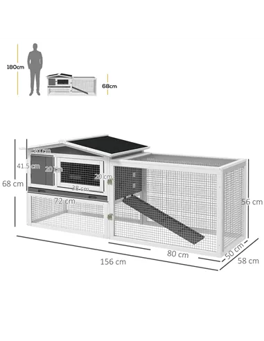 PawHut Rabbit Hutch with Run Wooden Guinea Pig Hutch Outdoor Bunny Cage Hide House with Sliding Tray, Hay Rack, Ramp, 156 x 58 x
