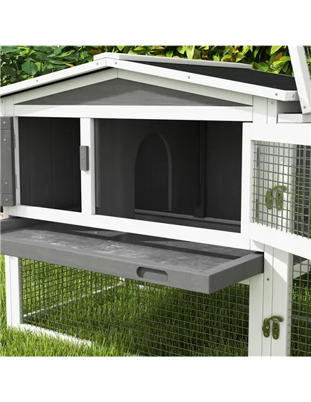 PawHut Rabbit Hutch with Run Wooden Guinea Pig Hutch Outdoor Bunny Cage Hide House with Sliding Tray, Hay Rack, Ramp, 156 x 58 x