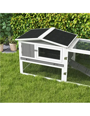 PawHut Rabbit Hutch with Run Wooden Guinea Pig Hutch Outdoor Bunny Cage Hide House with Sliding Tray, Hay Rack, Ramp, 156 x 58 x