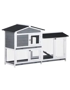 PawHut Wooden 2-Tier Rabbit Hutch w/ Tray Ramp Grey
