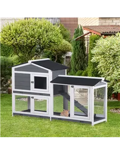 PawHut Wooden 2-Tier Rabbit Hutch w/ Tray Ramp Grey 2