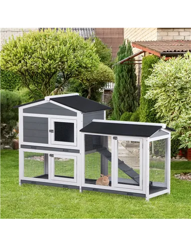 PawHut Wooden 2-Tier Rabbit Hutch w/ Tray Ramp Grey