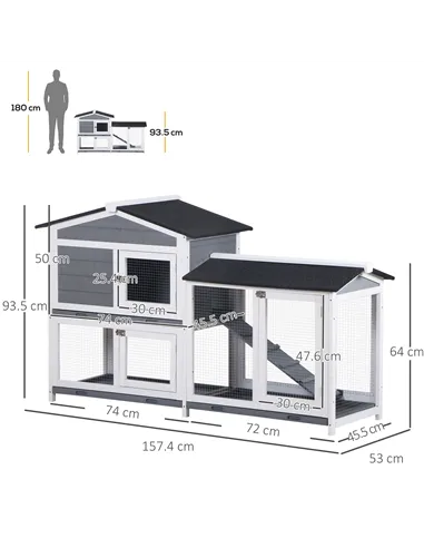 PawHut Wooden 2-Tier Rabbit Hutch w/ Tray Ramp Grey