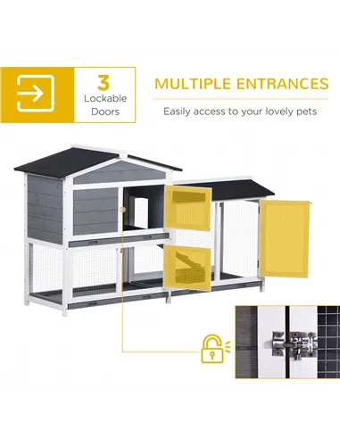 PawHut Wooden 2-Tier Rabbit Hutch w/ Tray Ramp Grey