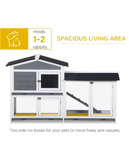 PawHut Wooden 2-Tier Rabbit Hutch w/ Tray Ramp Grey