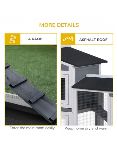 PawHut Wooden 2-Tier Rabbit Hutch w/ Tray Ramp Grey