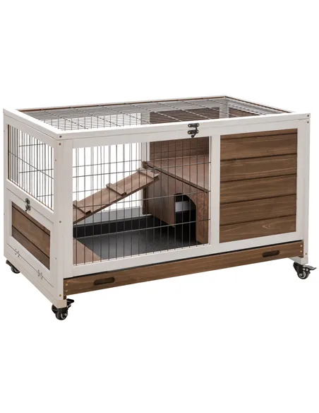 PawHut Wooden Guinea Pig Hutch, 2-Floor Bunny Cage w/ Enclosed Run Area, Brown