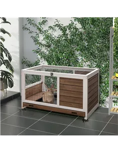 PawHut Wooden Guinea Pig Hutch, 2-Floor Bunny Cage w/ Enclosed Run Area, Brown 2