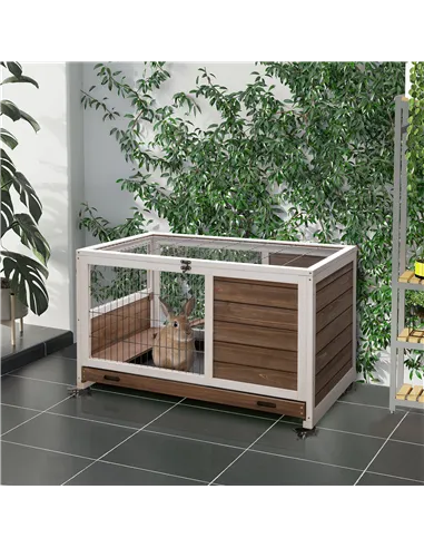 PawHut Wooden Guinea Pig Hutch, 2-Floor Bunny Cage w/ Enclosed Run Area, Brown