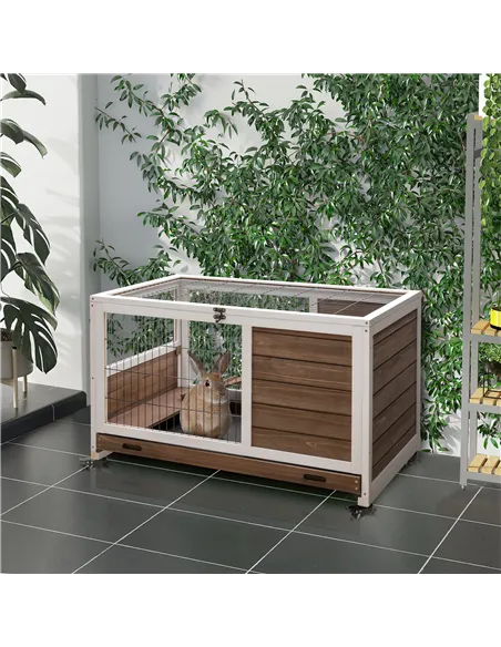 PawHut Wooden Guinea Pig Hutch, 2-Floor Bunny Cage w/ Enclosed Run Area, Brown