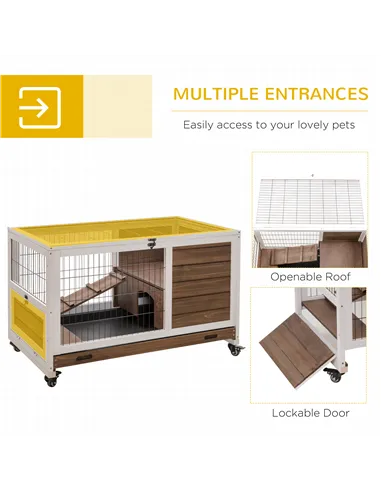 PawHut Wooden Guinea Pig Hutch, 2-Floor Bunny Cage w/ Enclosed Run Area, Brown