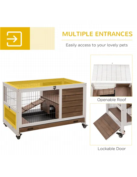 PawHut Wooden Guinea Pig Hutch, 2-Floor Bunny Cage w/ Enclosed Run Area, Brown