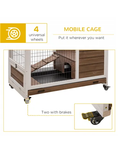 PawHut Wooden Guinea Pig Hutch, 2-Floor Bunny Cage w/ Enclosed Run Area, Brown