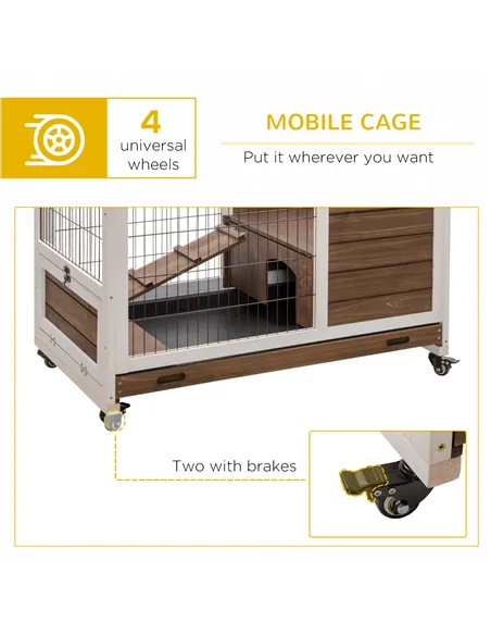 PawHut Wooden Guinea Pig Hutch, 2-Floor Bunny Cage w/ Enclosed Run Area, Brown