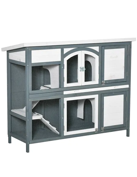 PawHut Rabbit Hutch Outdoor Guinea Pig Hutch 2 Tier Wooden Cage w/ Ramp, Divider, Openable Roof, 125 x 48 x 100cm - Grey