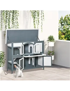 PawHut Rabbit Hutch Outdoor Guinea Pig Hutch 2 Tier Wooden Cage w/ Ramp, Divider, Openable Roof, 125 x 48 x 100cm - Grey 2