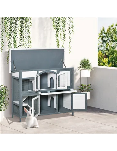 PawHut Rabbit Hutch Outdoor Guinea Pig Hutch 2 Tier Wooden Cage w/ Ramp, Divider, Openable Roof, 125 x 48 x 100cm - Grey