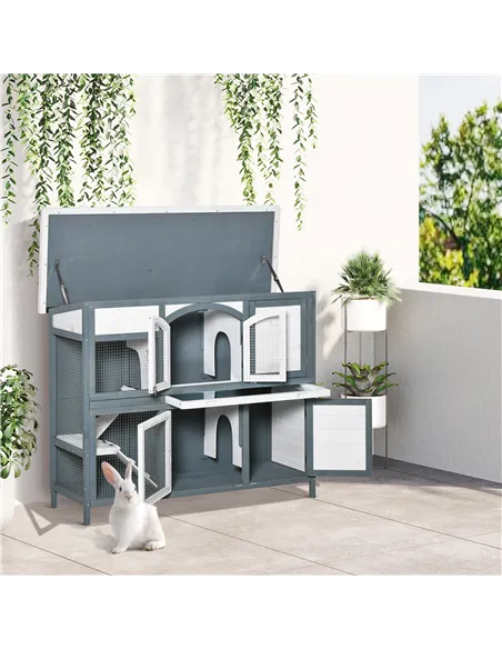 PawHut Rabbit Hutch Outdoor Guinea Pig Hutch 2 Tier Wooden Cage w/ Ramp, Divider, Openable Roof, 125 x 48 x 100cm - Grey